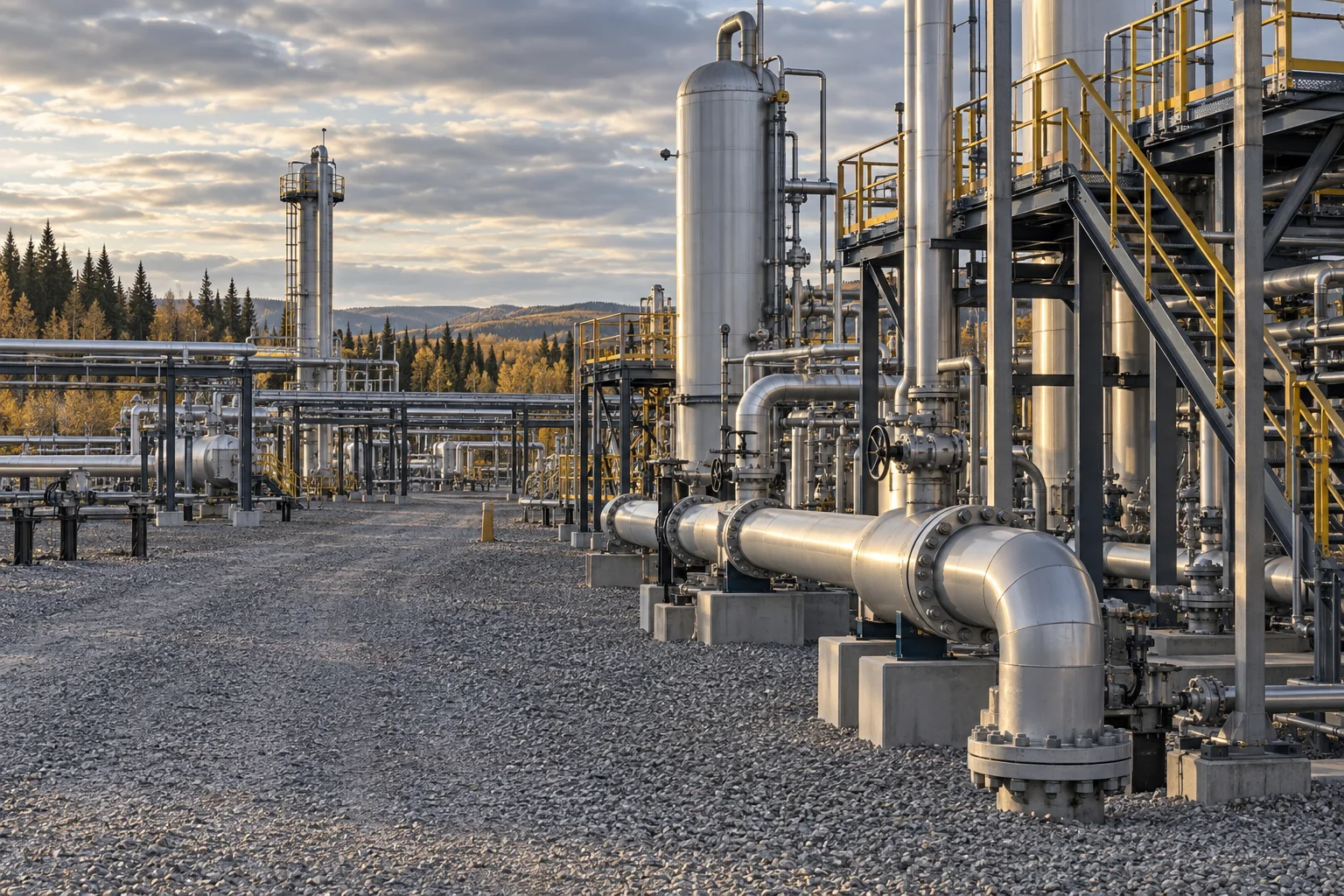 Process piping, pressure vessels and access platforms across a gas processing facility